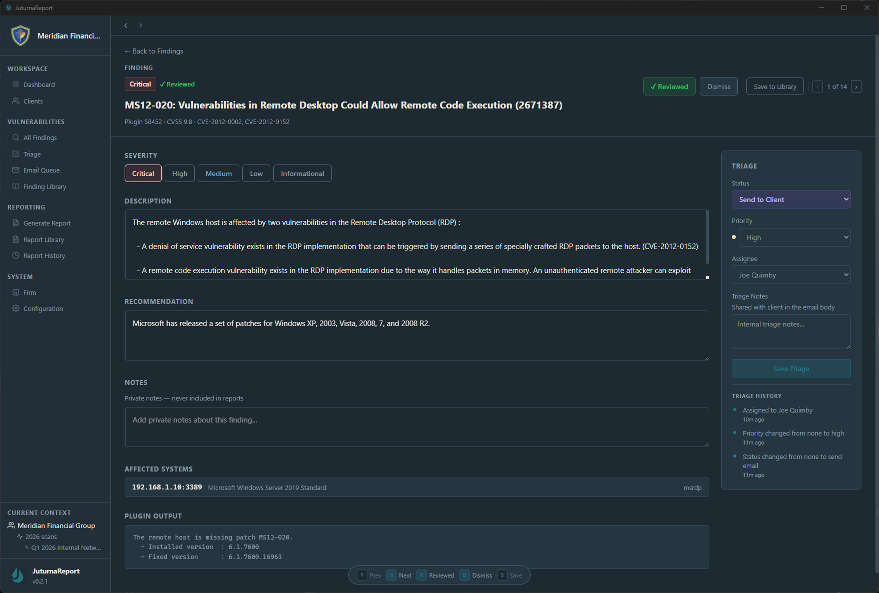 JuturnaReport finding detail view with severity rating, description, remediation guidance, and ticket submission options