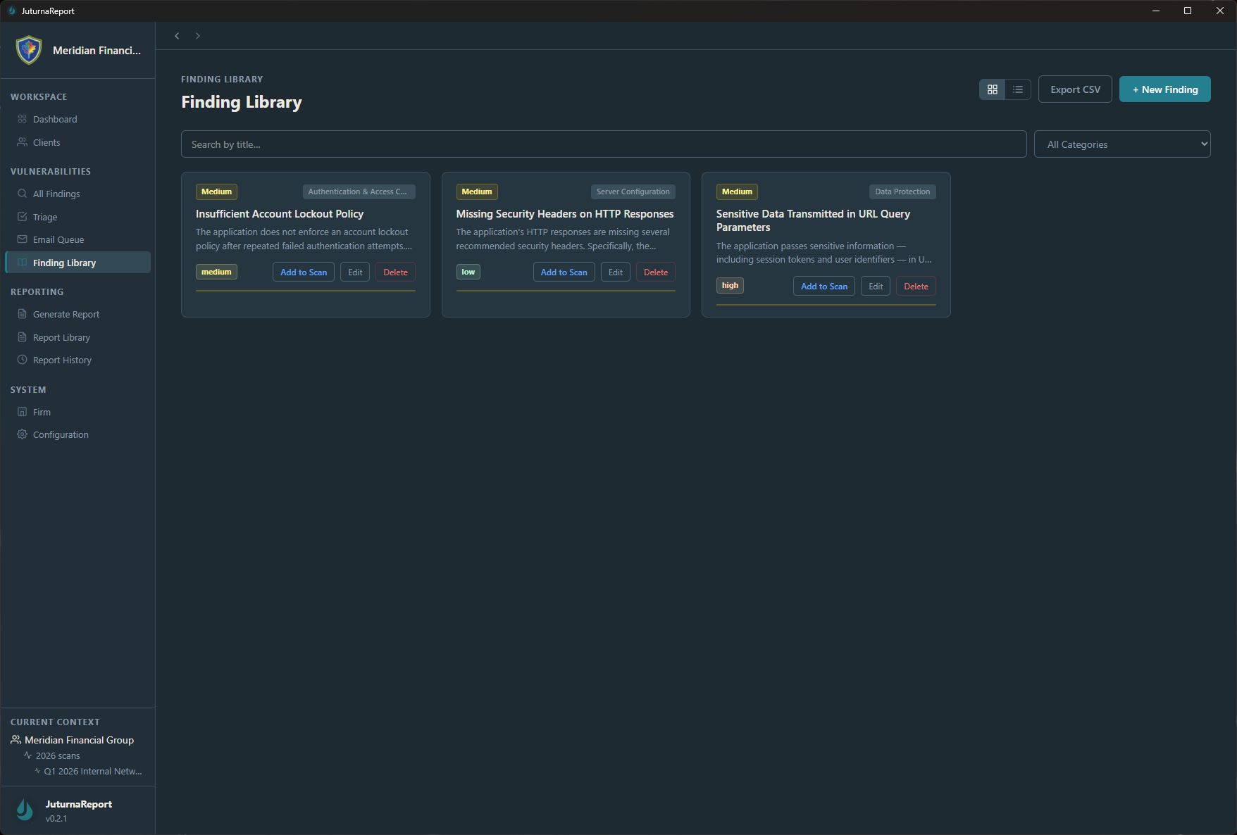 JuturnaReport finding library showing reusable vulnerability descriptions, severity ratings, and remediation steps