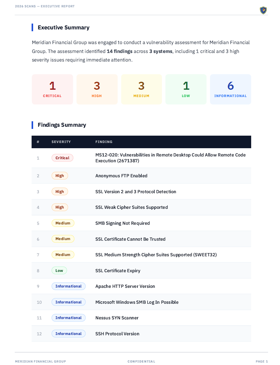 JuturnaReport generated PDF report showing executive summary, findings table, and detailed vulnerability descriptions